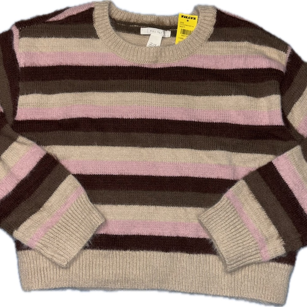 Tilly's Pink, Brown, and Cream Striped Crew Neck Sweater